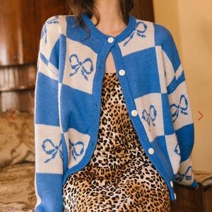 LISA SAYS GAH Lauden Sweater — Blue and White Women's Sweater with Bow Design